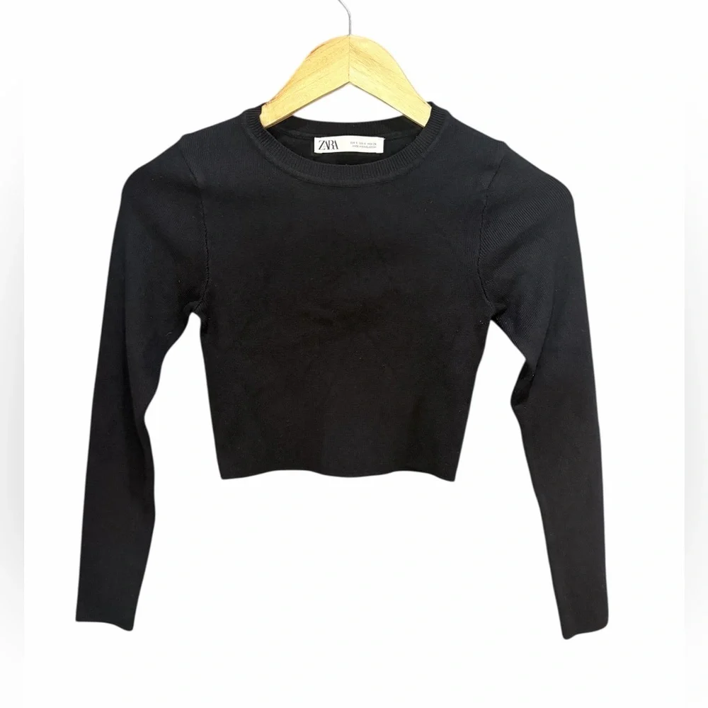Zara Black Long Sleeve Ribbed Crop Top